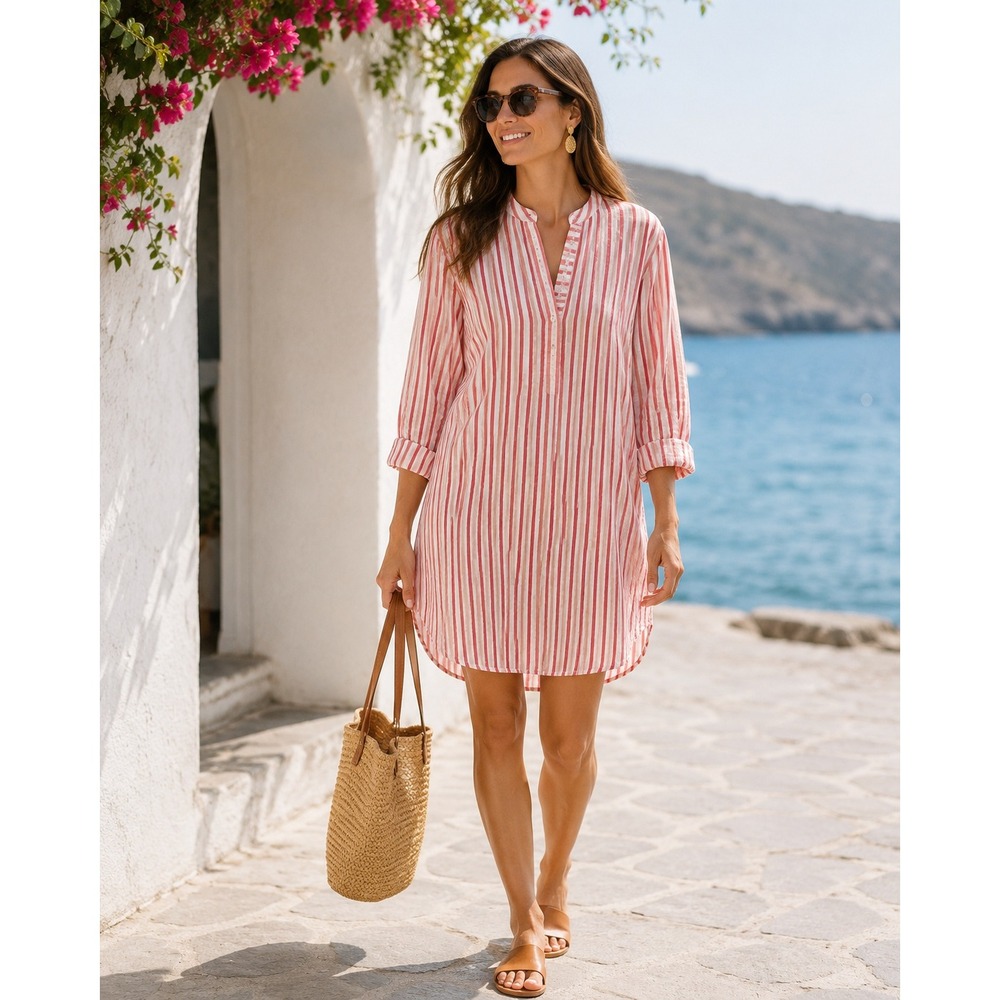 NWT Tuckernuck Strawberry Stripe Seersucker Bodie Shirt Dress (MSRP:‎ $158) XS